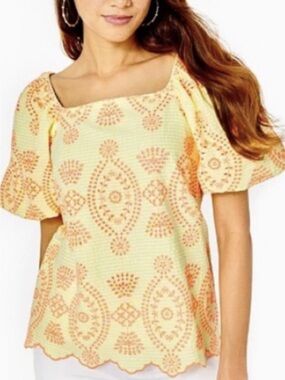 Lilly Pulitzer Yellow and Orange Eyelet Square-Neck Tunic XS